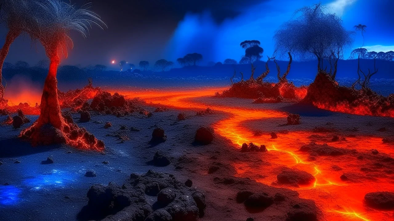 Fotografía / Ilustración de un Llanura de lava cordada (Pahoehoe) incandescente, habitado por Pobladores de cuevas con ropajes teñidos de pigmentos minerales. En el paisaje destaca la presencia de Arboles de caucho silvestre de savia densa e ignífuga y criaturas como Depredadores felinos de patas anchas para caminar sobre la nieve. Escena bajo Cielo de tormenta eléctrica con rayos azul cobalto. Estilo visual y técnica: Pintura luminista de paisajes marinos de William Turner --ar 16:9 --v 6.0