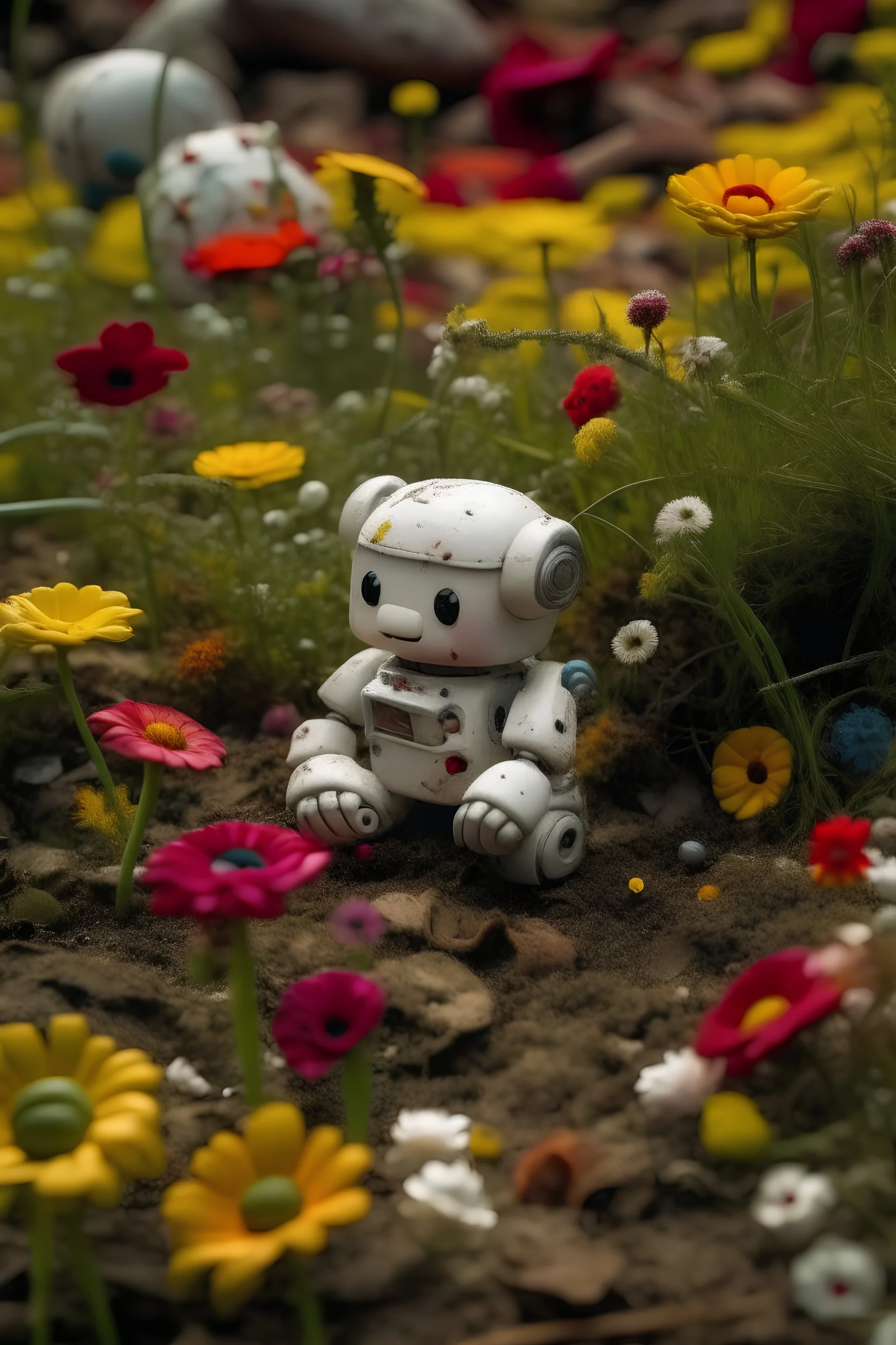 a toy in a felled of flowers