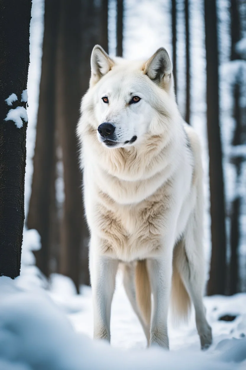 Giant White wolf standing in a forest, snow covering the ground