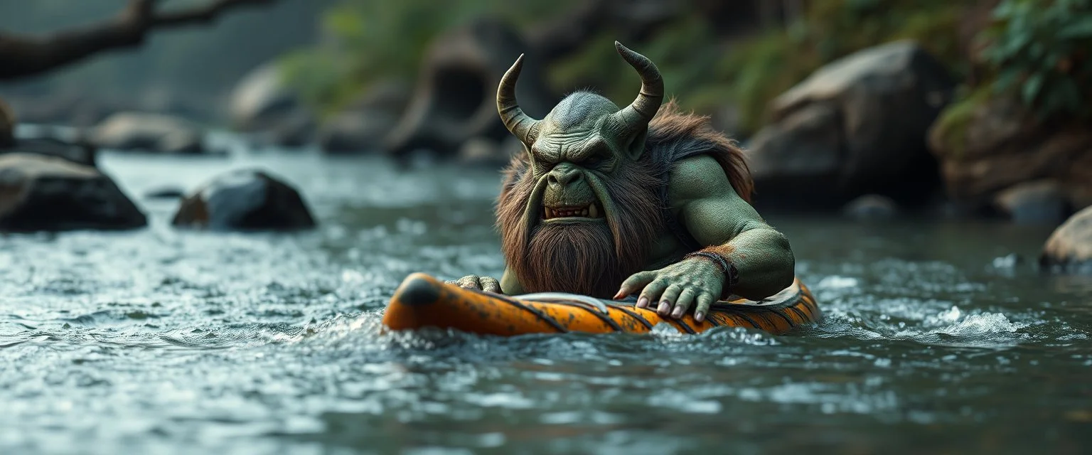 ancient ogre troll in kayak in stream