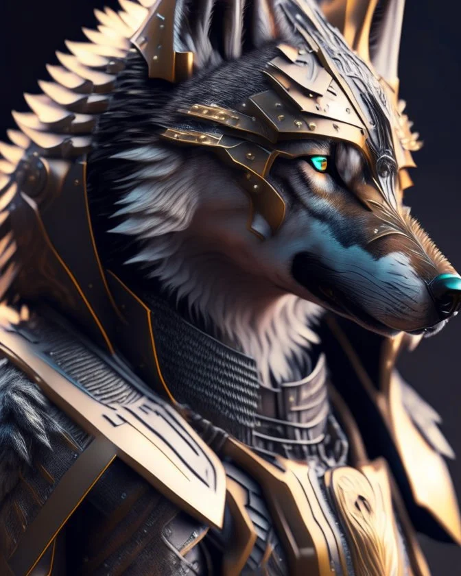 Full body 3D Portrait of a anthropomorpher Wolf in natural colours wearing futuristic face armor in realistic fantasy