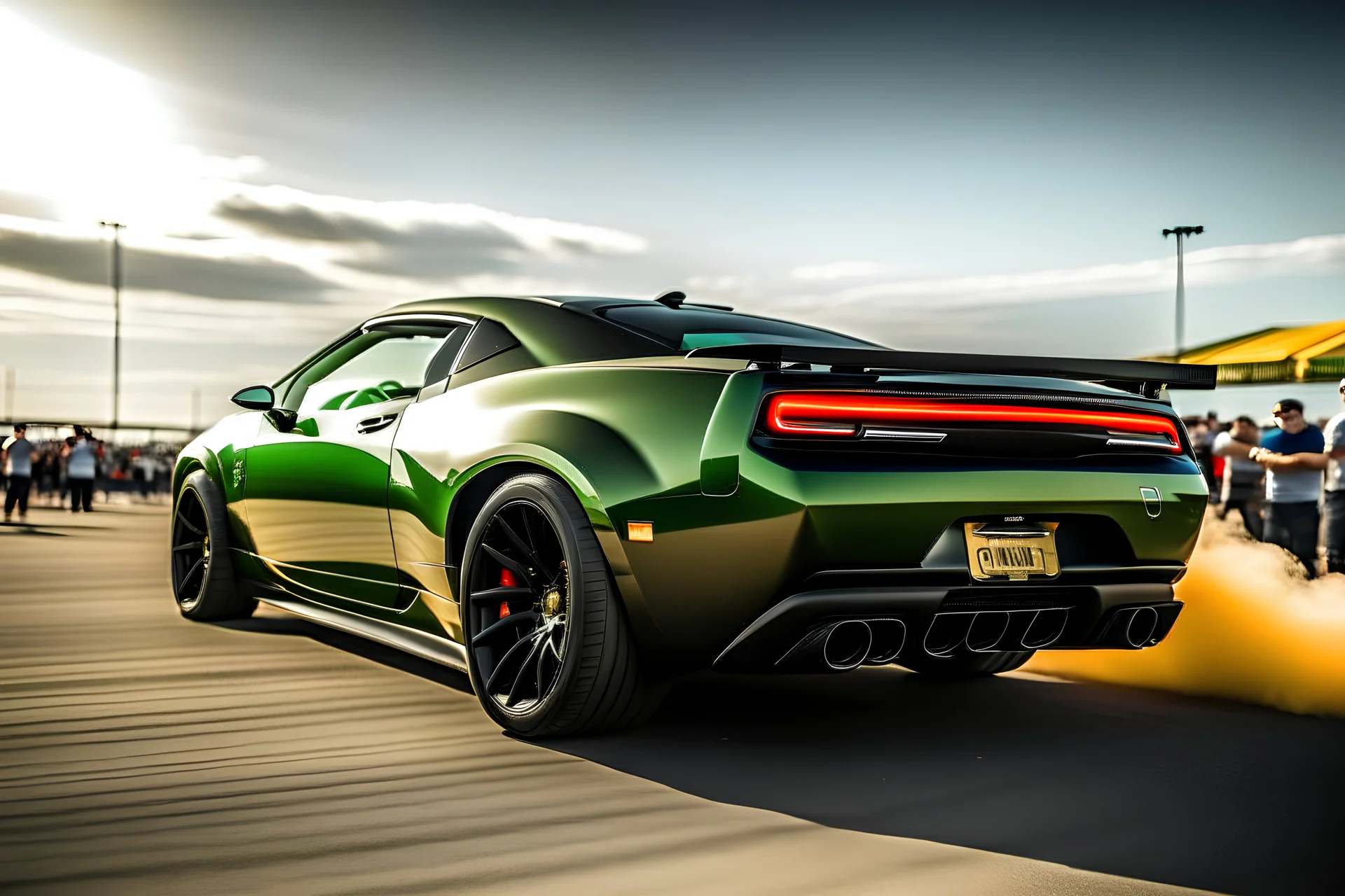 a black and gold 2023 dodge challenger 5.7 liter hemi engine hellcat with smoke pouring off its wide gator-back tires as the starting light goes green and it blasts of the starting line at a drag race before a cheering crowd coming right at the vewer.