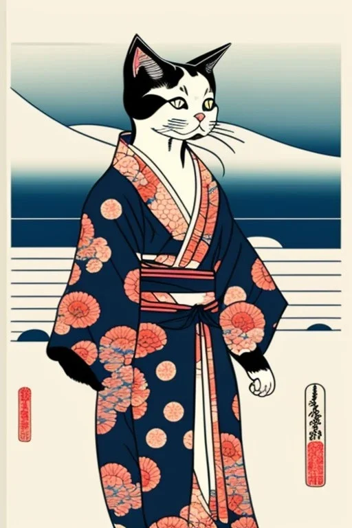 ukiyo-e style print of a cat with a human body wearing a soft yukata and walking by the sea