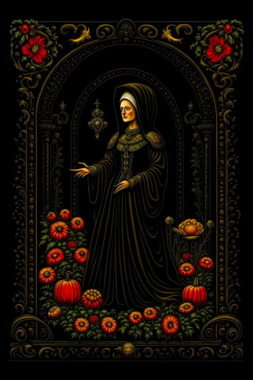 Jan Van Eyck Ornate Halloween Fantasy Art T-Shirt Design, Black Background