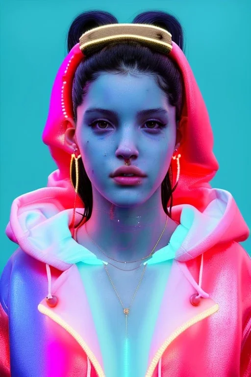 Ultra Realistic image, Rosalía artist, portrait, waist up portrait, long black eye line, sweet face, inflatable hoodie, gold pink and blue style, spray glow make up, led lights, neon, rings piercing nose, led ornament, fog, bubble latex coat, vibrant color, highly detailed, art stations, concept art, smooth, unreal engine 5, god rays, ray tracing, RTX, lumen lighting, ultra detail, volumetric lighting, 3d, finely drawn, high definition, high resolution.