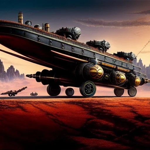 fullbody Drawing of 'sketch of steampunk Vehicles as in the movie mortal engines(2018)',intricate detail,andrea bonelli,Kilian Eng,Ohrai,evan lee,Aleksandr Sidelnikov,KyuYong Eom,three quarters frontal aerial view,toned colors,32k