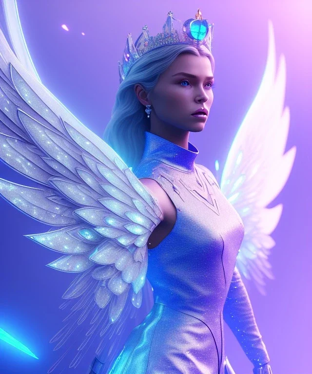 A crystalised queen, atmospheric, realistic, unreal engine, cinematic lighting, octane render. blue, pink, transparency, light, shine,bright, full body, transparent wings, blonde, long hair