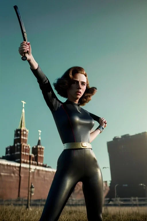 retro portrait image from 1960, Moscow background, wind, long red hair, fighting stance, sweet young Scarlett Johansson, black dress, classic tight lycra black suit, weapon, gold bracelet and belt, high heel boots, soft color, highly detailed, unreal engine 5, ray tracing, RTX, lumen lighting, ultra detail, volumetric lighting, 3d, finely drawn, high definition, high resolution.