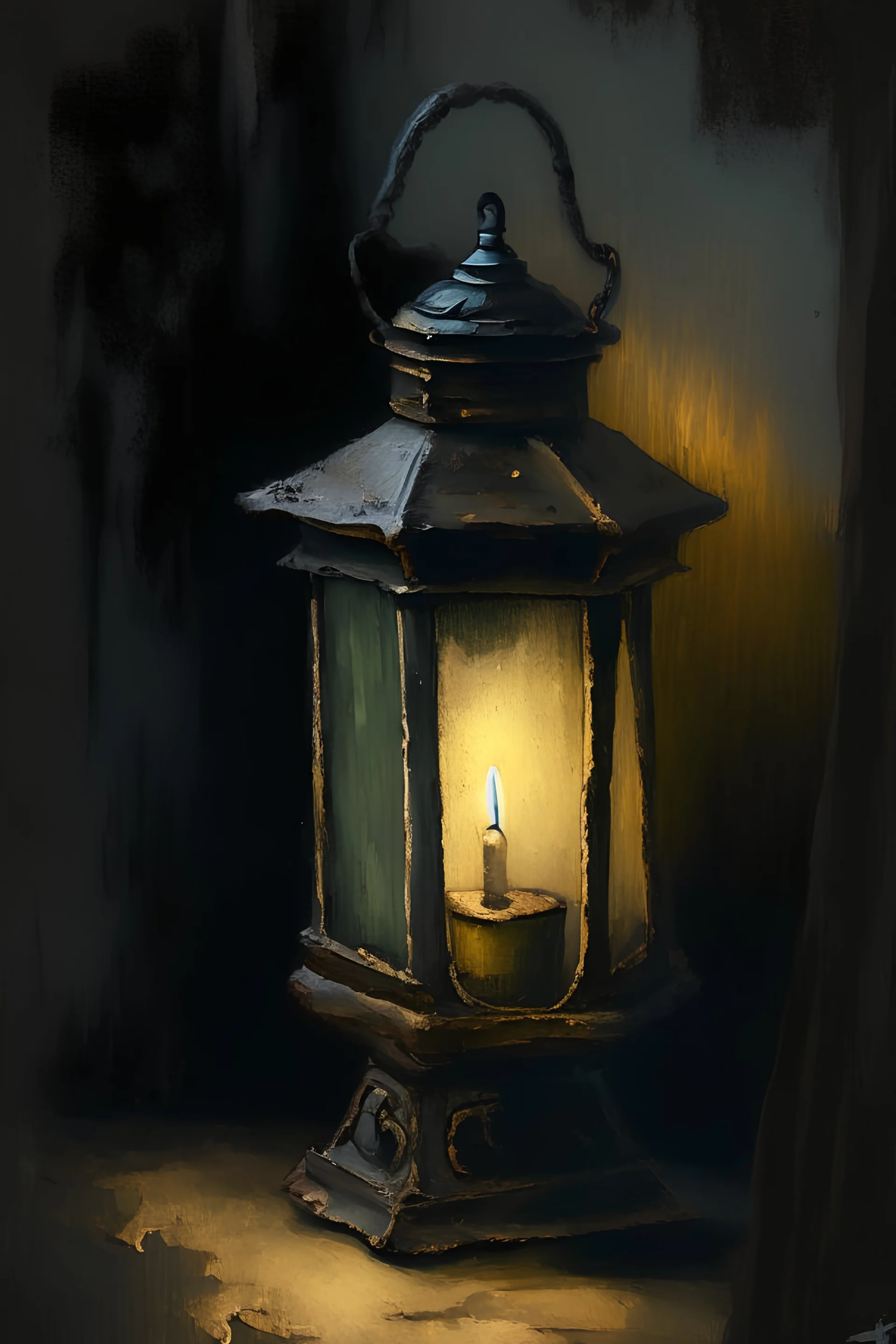 a small old lantern in the corner of paint, rest of the paint is black, oil colors, high detail, 16:9