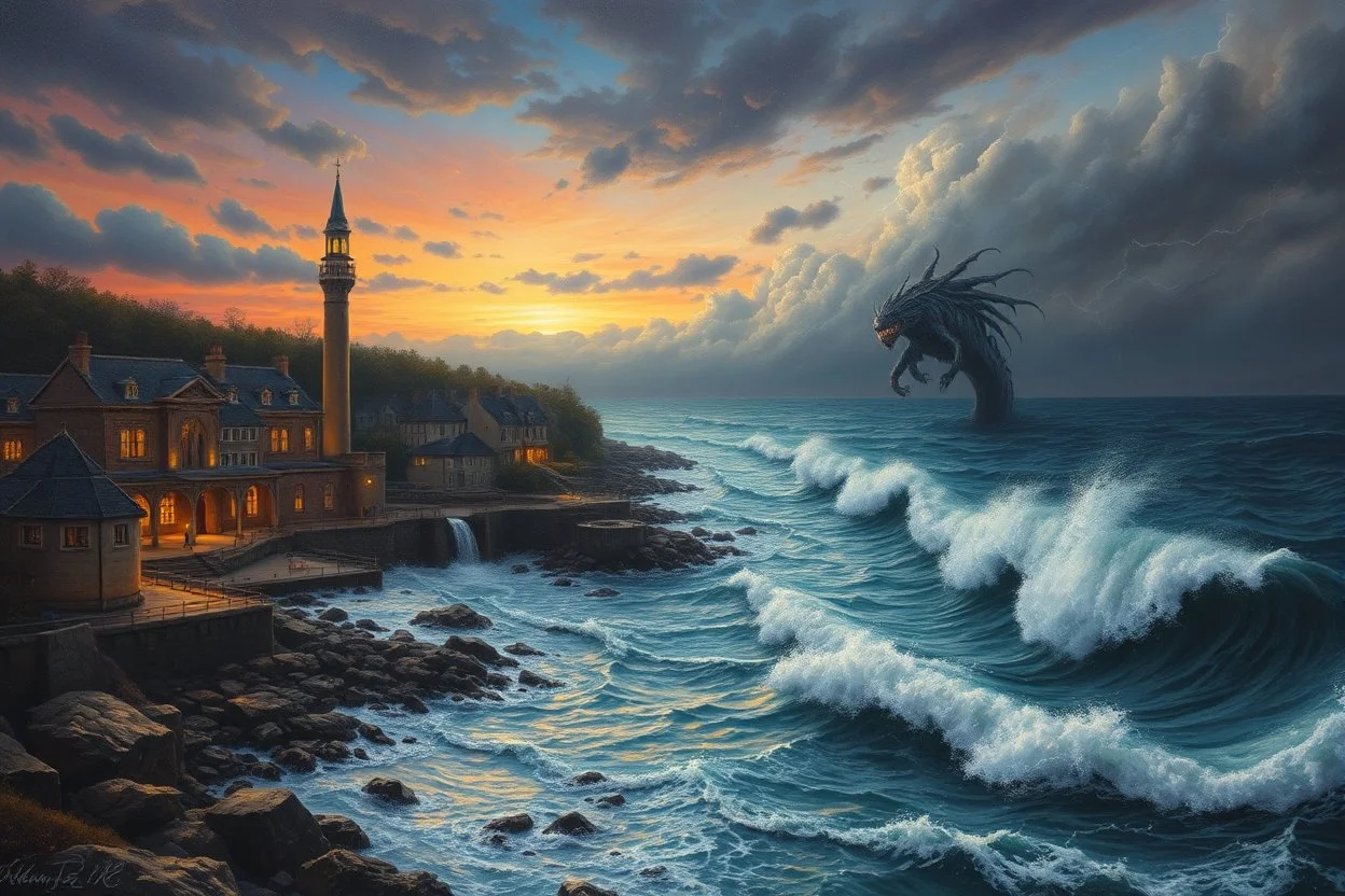 Beautiful masterful painting of a November dusk at the edge of the waterside town, waves and a sea monster in the stormy waters, lightning, tornados, meteor shower