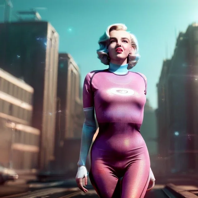 Realistic image, retro sci-fi, portrait, waist up view, blonde woman, sweet Marylin Monroe face, perfect iris, glow eyes. tight lycra tights suit. Retro Futuristic city, cars flying. epic style, vibrant color, highly detailed, unreal engine 5, ray tracing, RTX, lumen lighting, ultra detail, volumetric lighting, 3d, finely drawn, high definition, high resolution.