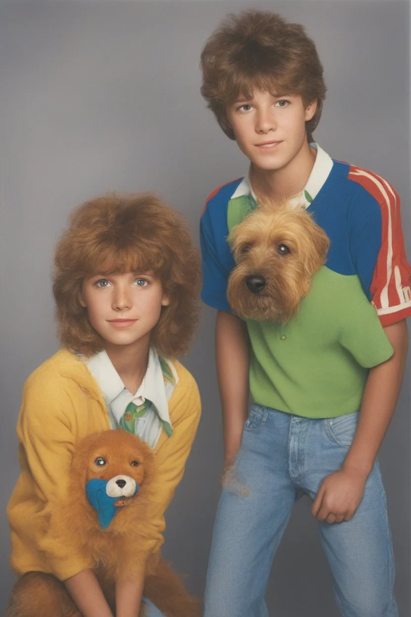 full color image, 1980's yearbook photo, teenager, Shaggy and Scooby Doo, 14 years old, photorealistic, --ar 9:16 --style raw