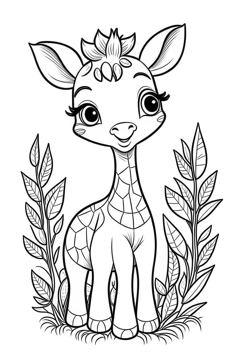 cute coloring page, sketch style, cute baby giraffe in the jungle, cute cartoon, white and black, withe background, no shadows, outline.