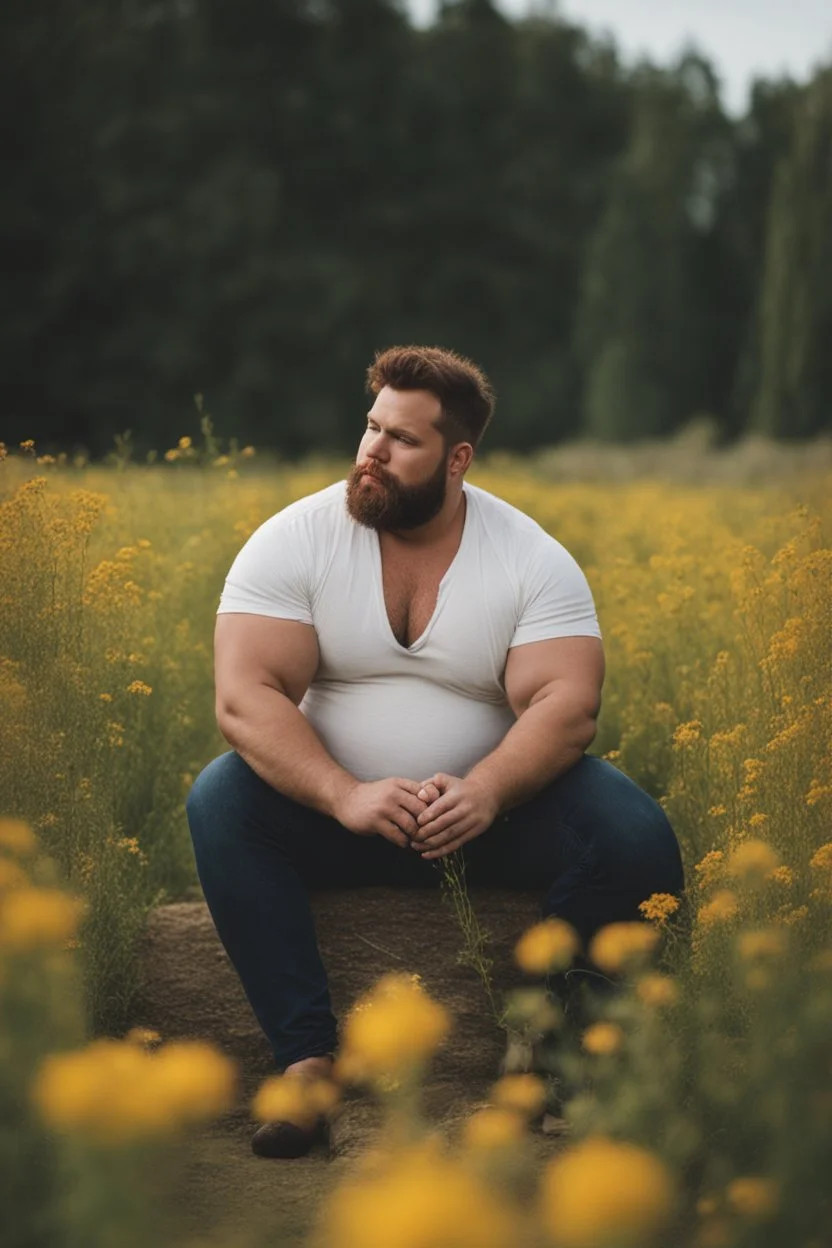 full figure photography, shy muscular big fat chubby, 35mm lens, burly italian man short hair, 27 years old sitting in the meadow with a flower in a hand, near a big farm , red short beard, , hairy armpits, manly armpits, ugly, manly chest, hairy chest, big shoulders, , huge belly, manly chest, shirtless, with boxer, emotive eyes looking at camera, photorealistic ,sunlight , ambient occlusion, side view, poetic composition, golden ratio