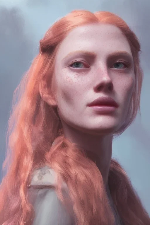 Woman 5 anni, cute, beautiful, orange hair, two braids, wild bangs, blue eyes, big eyes, freckles, long eyelashes, pink lipstick, thin lips, small nose, Gillian from Practical Magic, 8k resolution concept art portrait by Greg Rutkowski