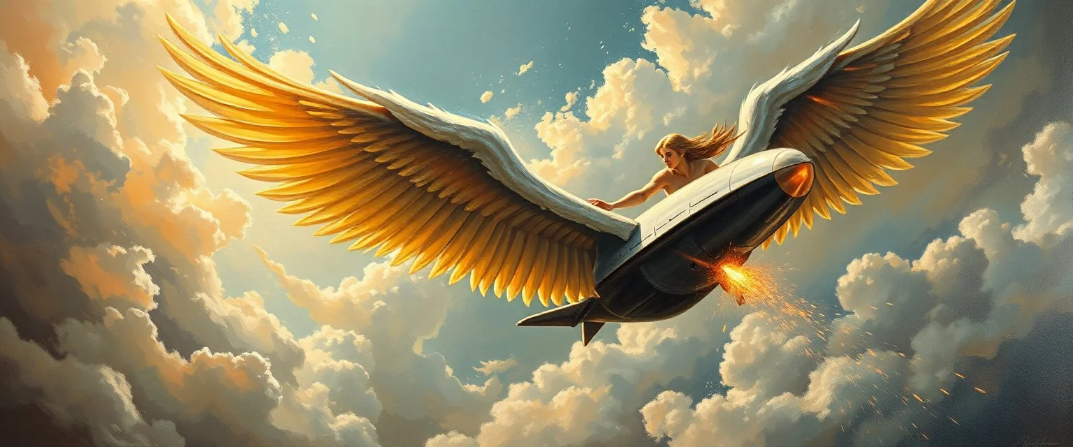 oil painting masterpiece with angel fast as a jet