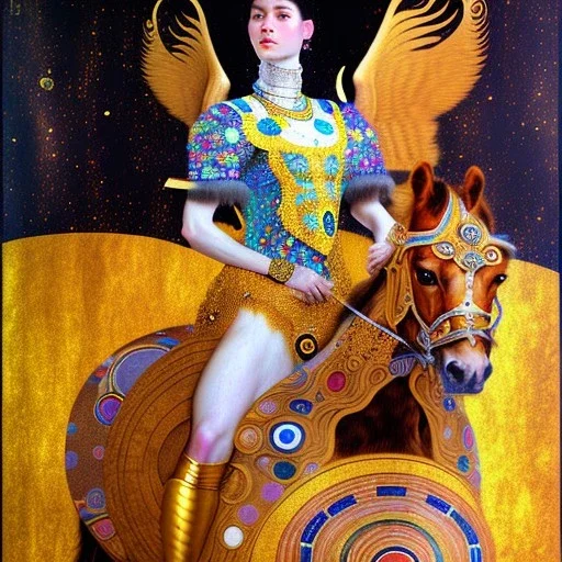 fullbody portrait of beautiful amazon woman riding a horse by Gustav Klimt 8k