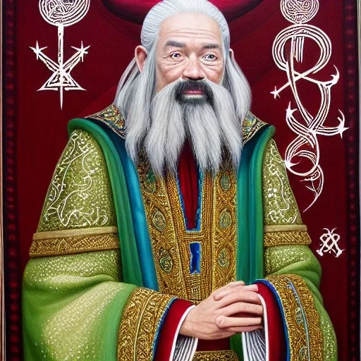 portrait painting of a wizard, ultra highly detailed, intricate details, shiny, pipe smoke, metallic, robes, embroidery, runes