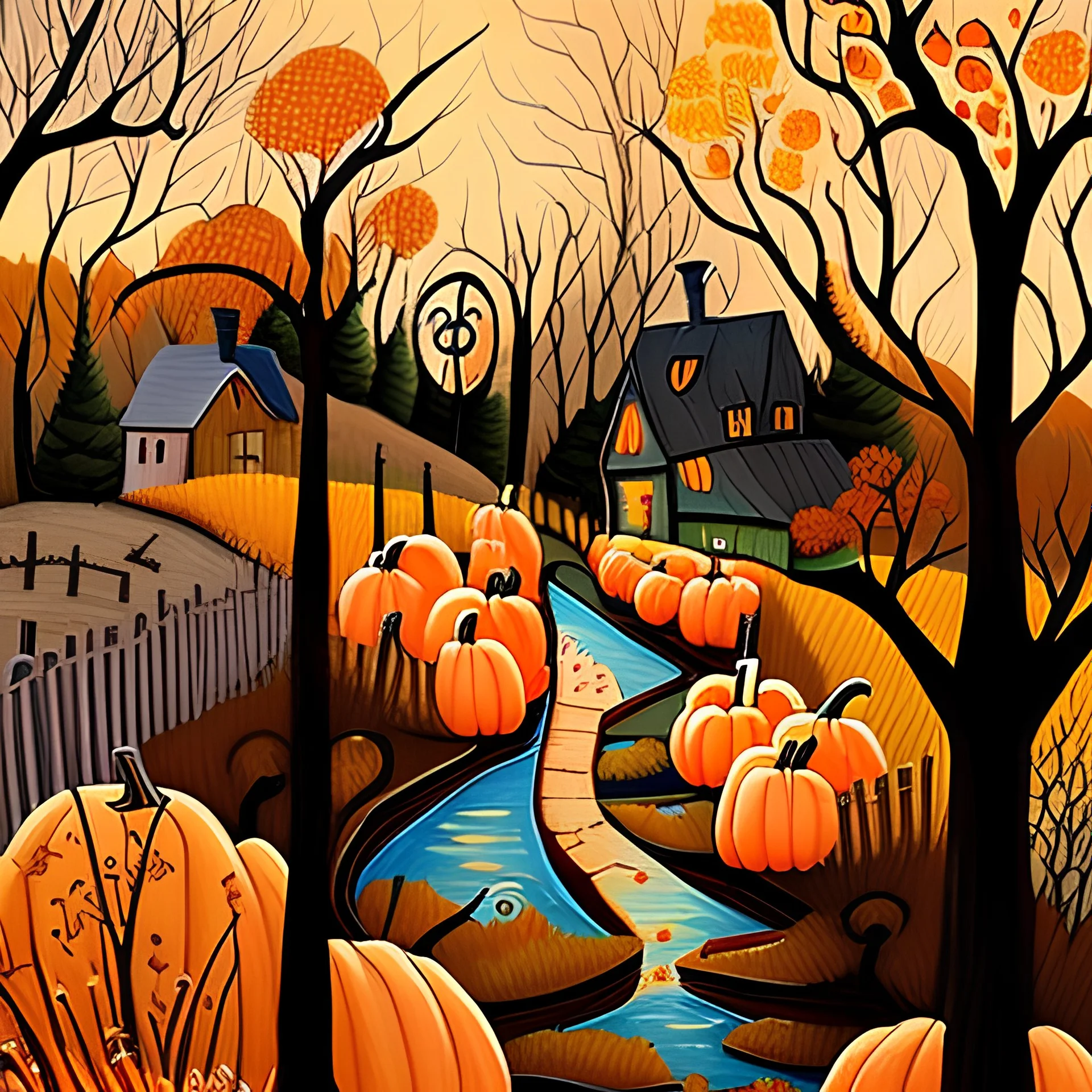 Painting of a path through a pumpkin patch, swan country, whimsical art, late autumn, village in the woods, Jane Newland, whimsical fantasy landscape art, spooky autumn colors, in autumn, by Janet Archer, by Sheila McLean, very coherent works Stylish Art, by Elaine Hamilton, Landscape Works, by Jane Kelly, Amazing Art, by Tom Scott RSA