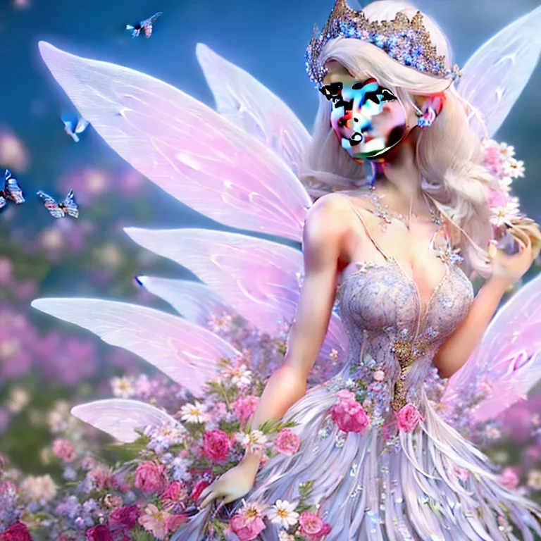 cute fantasy fairy with transparent wings, smiling, blue eyes, make up, long platinum blond hair with crown and flowers, pink dress, unreal engine