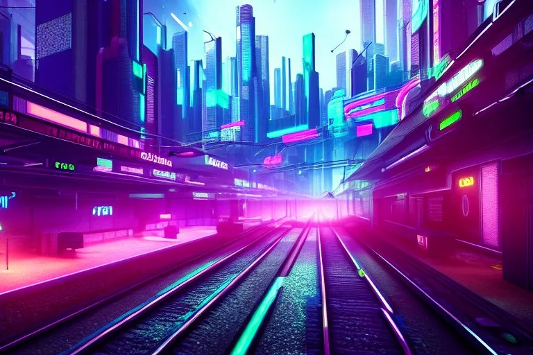 Cyberpunk street with holograms and train, 4k