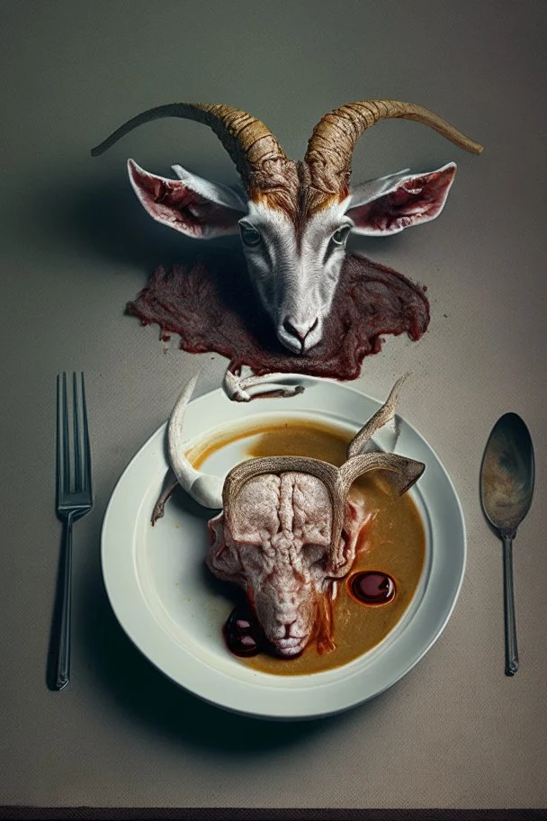 cursed meal with a goat head and some brain, photorealistic image, goat head laying on a plate