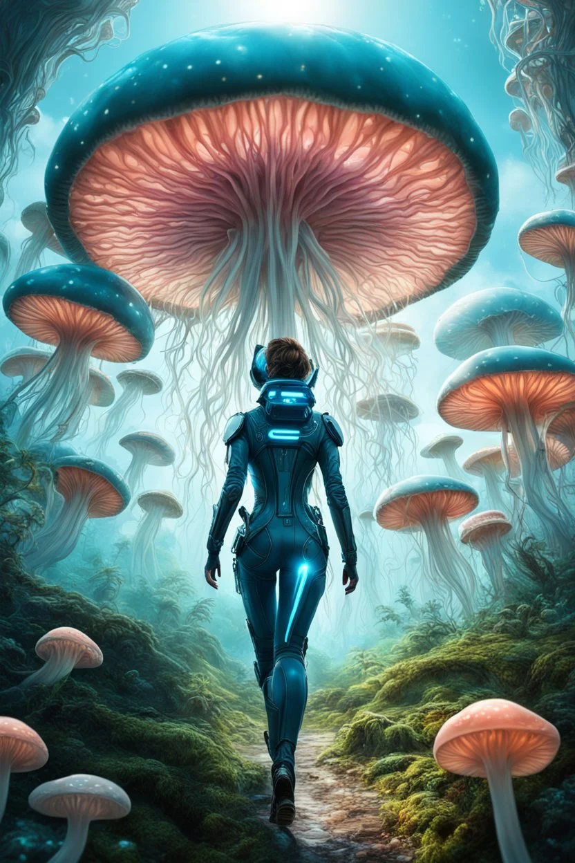 Woman in an Android suit, Walking Through Alien Mushrooms With Jellyfish Tentacles, Floating Through An Alien Forest, Photorealistic, Intricate Detail, Sunshine, Blue Sky