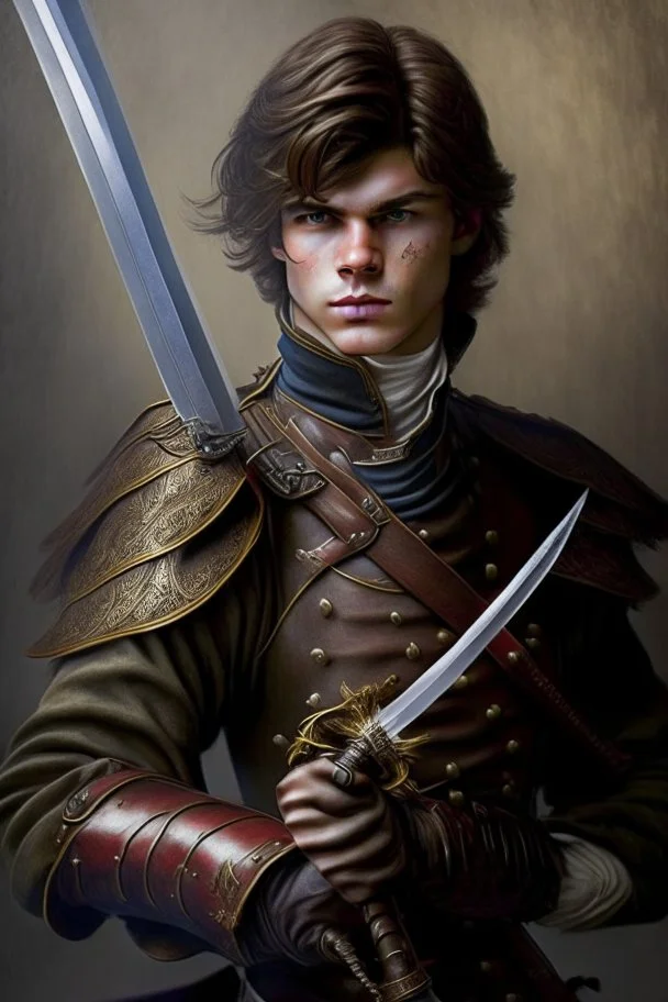 european brown hair young adult royal guard swordsman with rapier dieselpunk