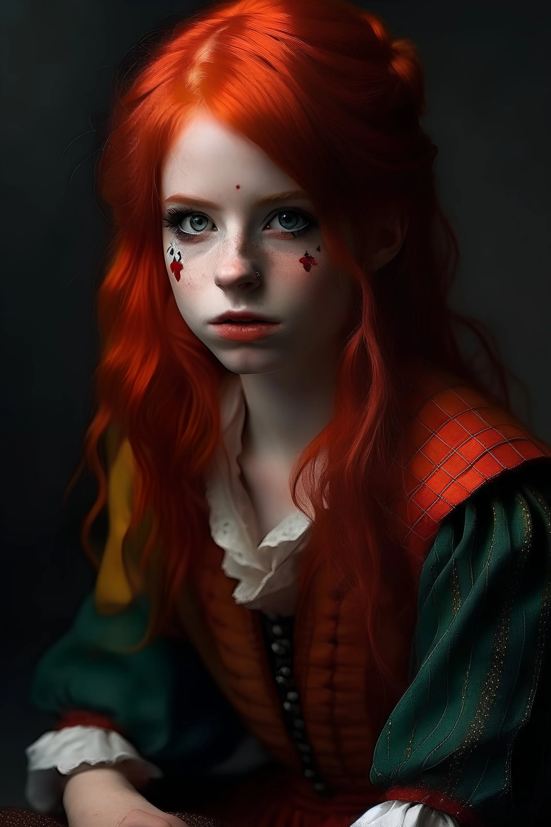 Human, 19yo girl, redhair, medieval, fantasy, clown suit