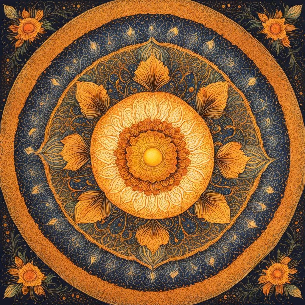 Picture a mandala, intricately designed with delicate petals and flourishing foliage. At its center, a radiant sun bursts forth, casting its warm golden rays across the canvas. The sun, representing the rejuvenation of life, is adorned with intricate patterns resembling blossoming flowers, symbolizing the awakening of nature. Radiating from the sun, the mandala expands with an array of vivid hues. Imagine petals in shades of soft pastel pinks, gentle lavender, and cheerful yellow, each one metic