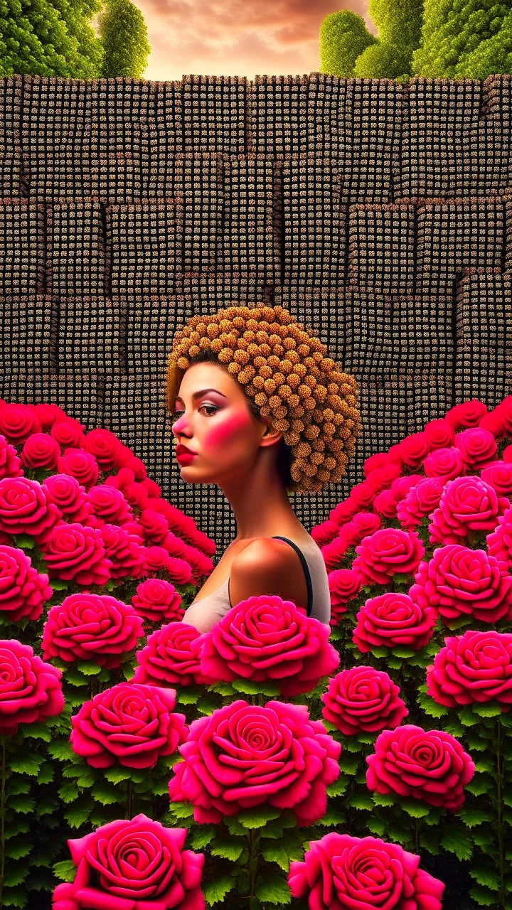 between roses, cube-headed woman among roses by peter nedves, bizarre, surreal