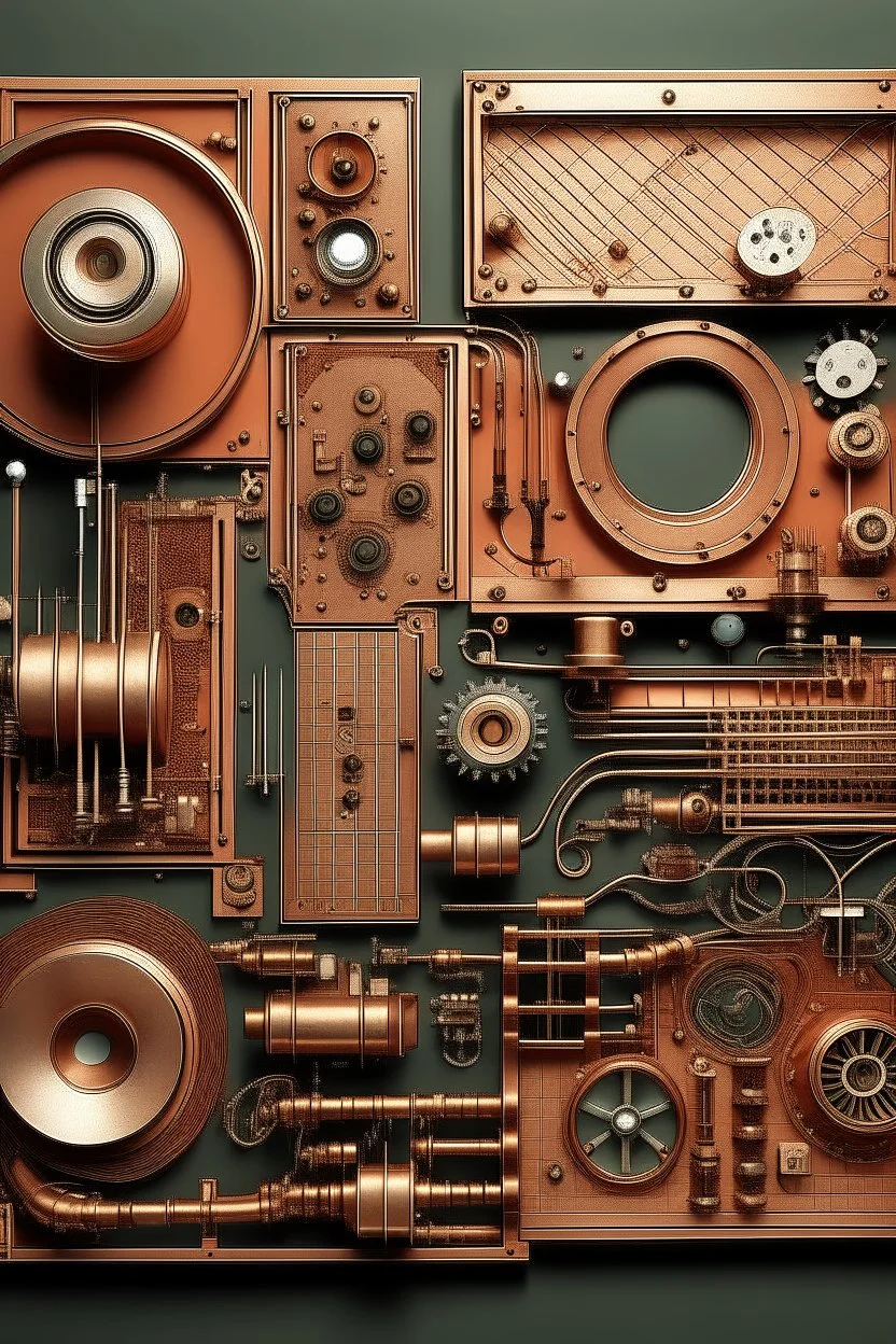 Please produce an innovative photo of telecommunications equipment and its components inspired by the copper industry for a magazine cover. This image should be with real parts and without text