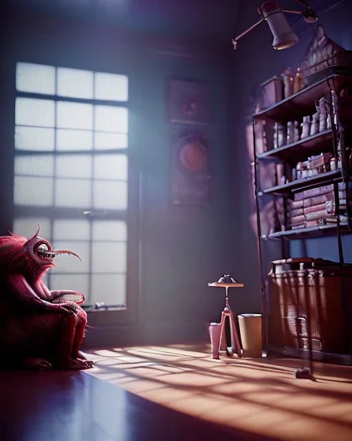 room scene with color hair monster, realistic photo, sweet, Tim burton style, concept art, smooth, unreal engine 5, god lights, ray tracing, RTX, lumen lighting, ultra detail, volumetric lighting, 3d.