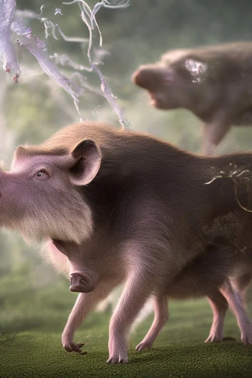 Close-up animation image of an island full of wild warthog, with them running around crazy and wild