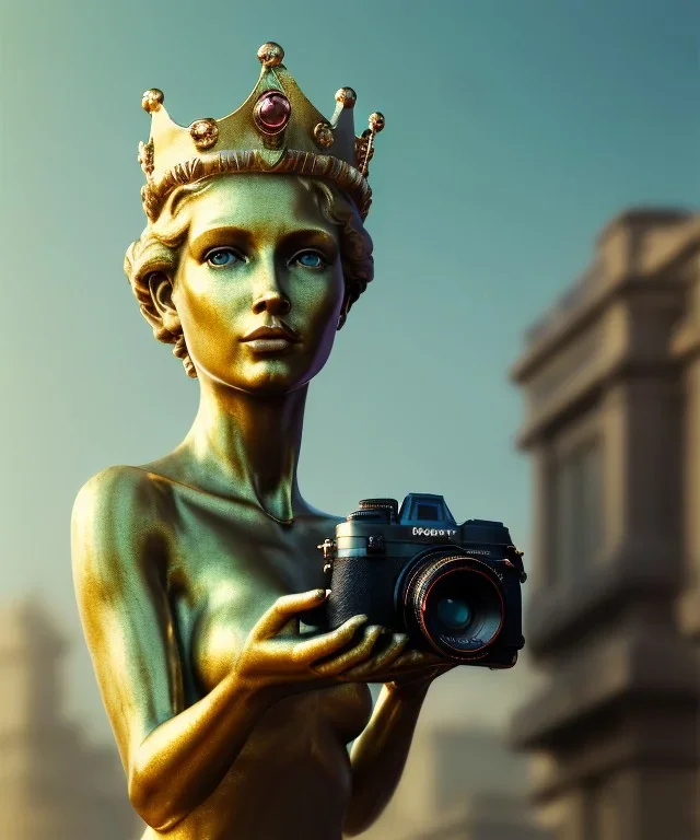 Statue of Queen of photography holding camera in hands. Cute blonde woman. Photographer in golden crown. Standing on the street. Big camera in her hand. hyperdetailed, photorealistic, trending on artstation, greg rutkowski, beksinski, kodachrome, volumetric lighting, gold and cyan