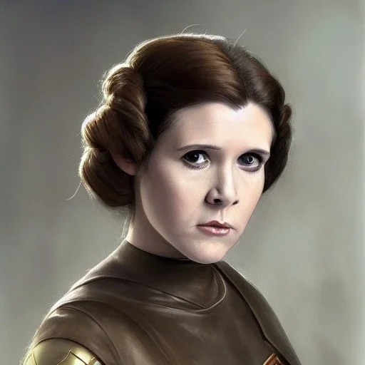 [[extrem beautiful photorealistic young Carrie Fisher as Princess Leia]] :: [[photorealistic brown eyes, short hair, head and shoulders portrait, 8k resolution concept art portrait by Greg Rutkowski, Artgerm, WLOP, Alphonse Mucha, dynamic lighting, hyperdetailed, intricately detailed, triadic colors, Unreal Engine 5, volumetric lighting]]