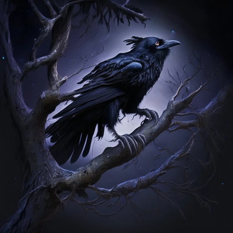 A gruff looking black raven, on a gnarled twisting branch on a tree floating in space