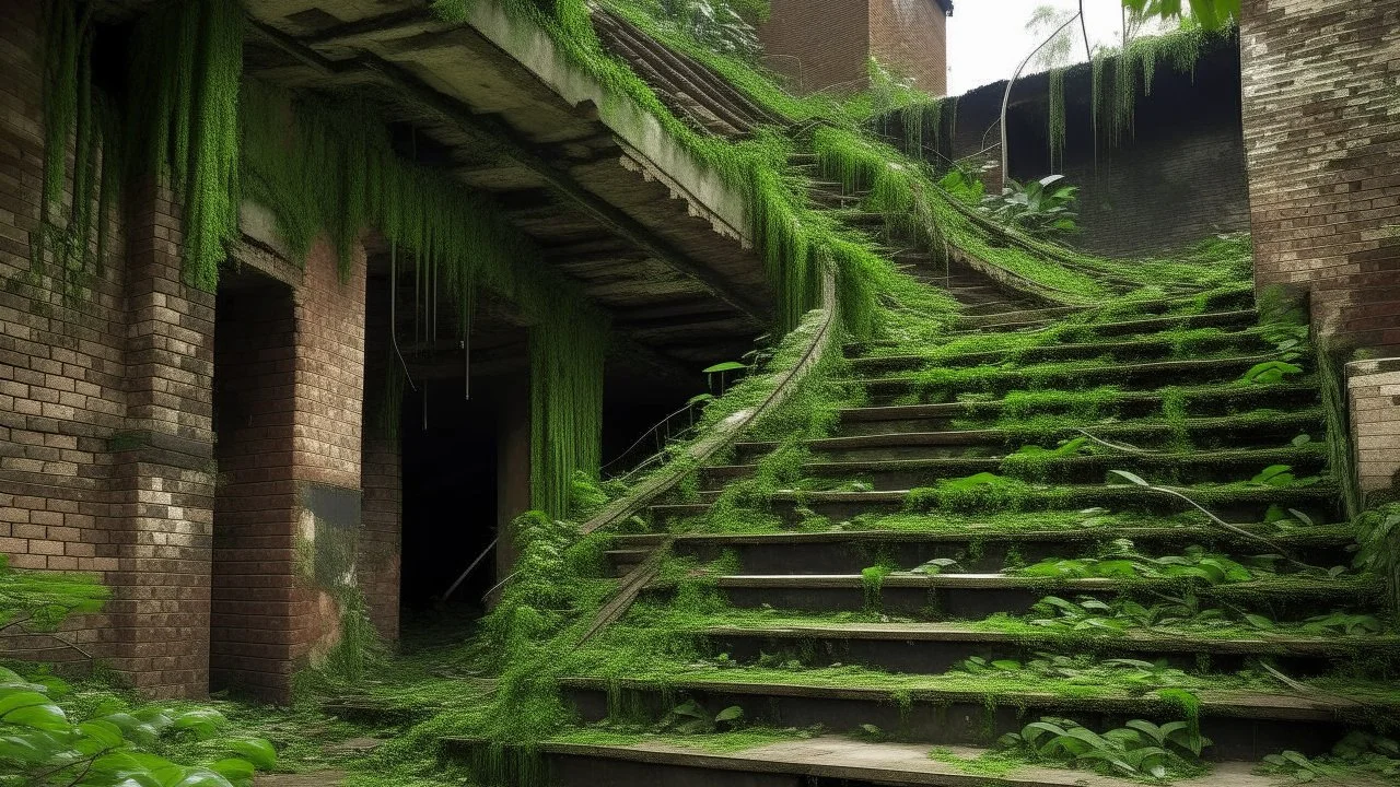 Nature has reclaimed this artificial space, allowing vegetation to grow over the stone staircase and spread throughout the abandoned brick structure, even filling its interior spaces. This symbolizes nature's resilience and its eventual triumph over human endeavors. It suggests that even the most robust constructions will succumb to the forces of nature if left unattended, highlighting the impermanence of human creations in the face of time and the constant growth of the natural world.