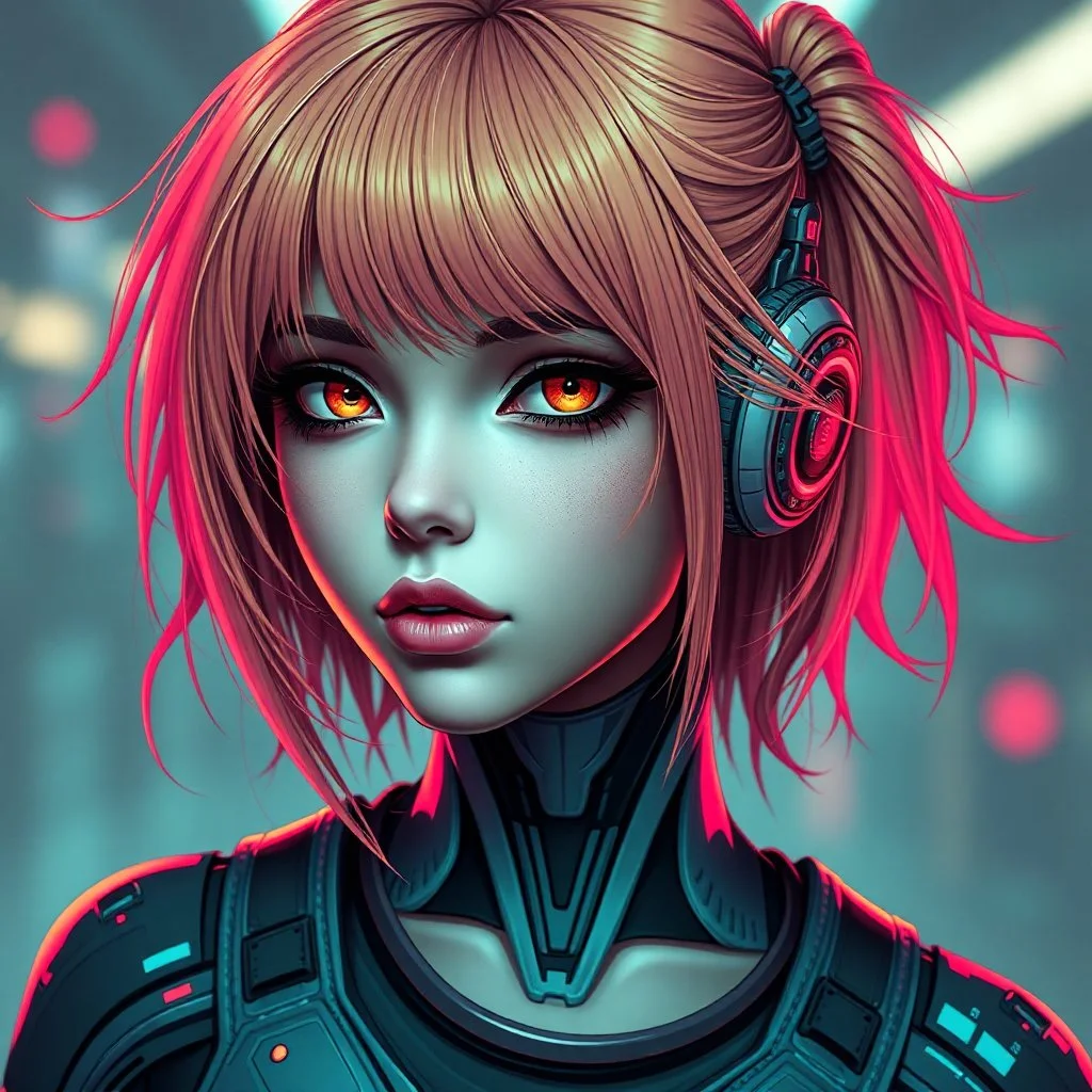a pretty cyberpunk girl, android, bright hair, futuristic