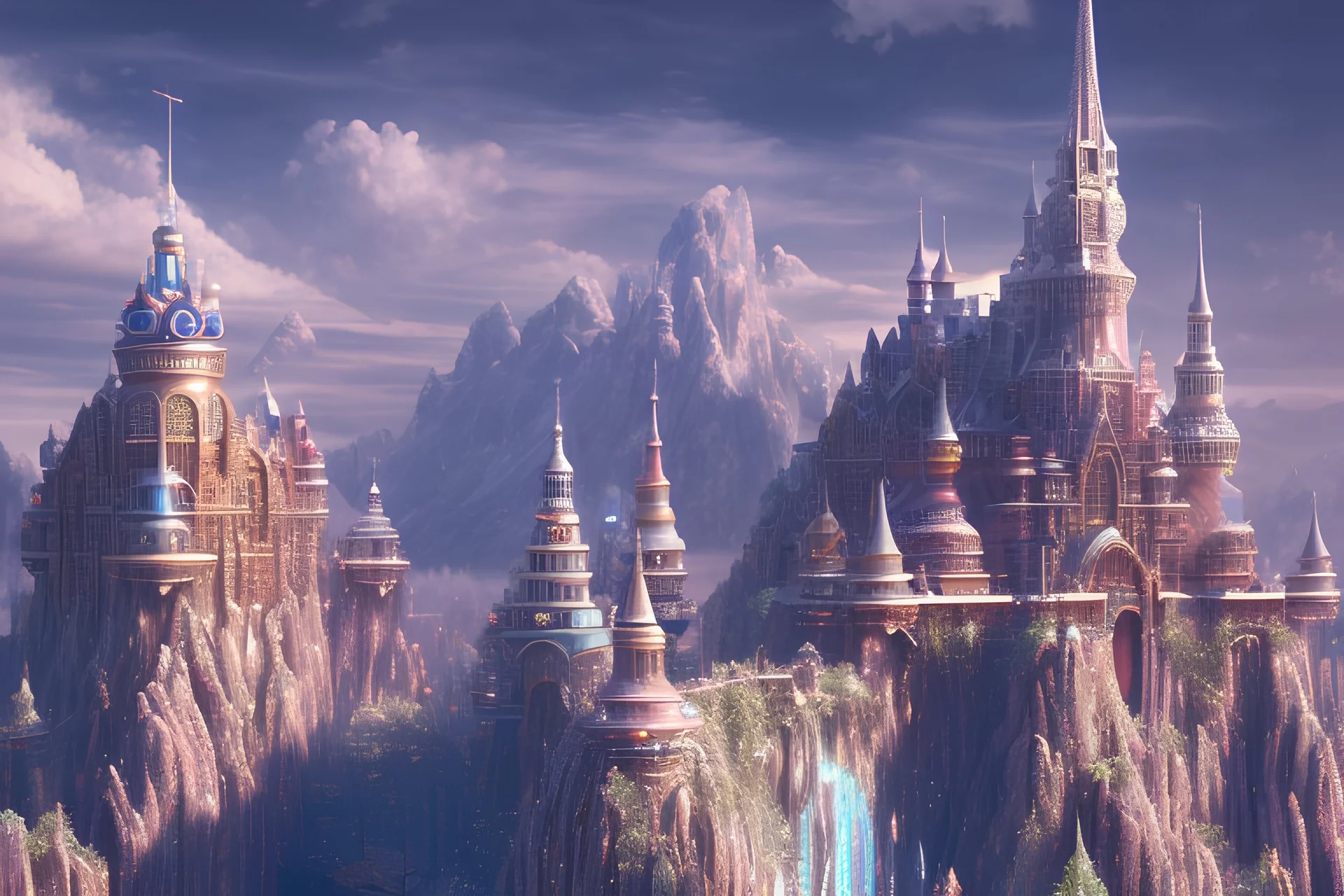 A crystal transparent castle centered around mountains, high resolution, realistic, beautiful, volumetric lighting, colorful, masterpiece, crystalline, strong blue color, detailed, aerial view, 8K, intricate details, cyberpunk, cosmic