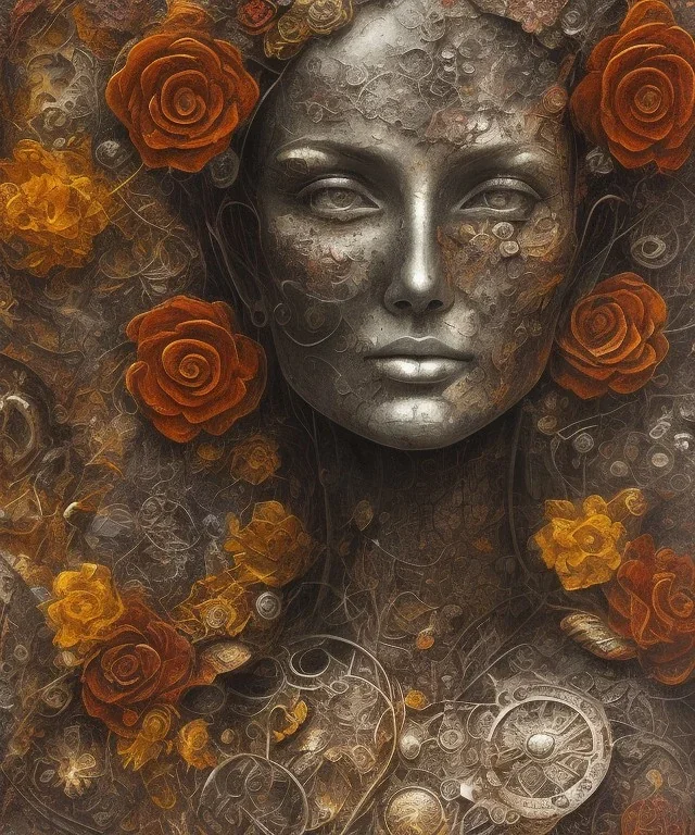  an abstract painting of rusted metal and flowers, scaffolding, iron cladding, decay, mixed media, textured, anatomically correct, beautiful perfect face, sharp focus, highly detailed, injured face