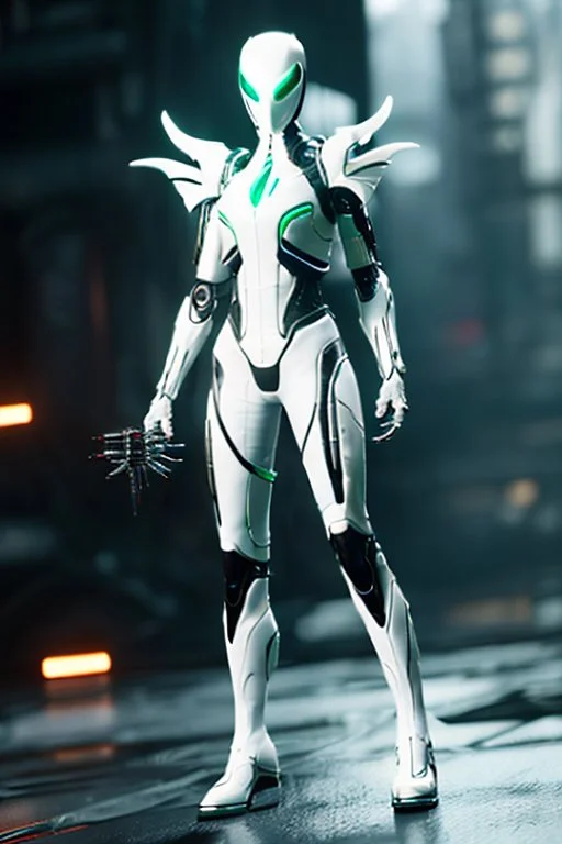 Cyborg symbiote, white color, green color, tendrils, high tech, cyberpunk, biopunk, membrane wings, carbon fiber