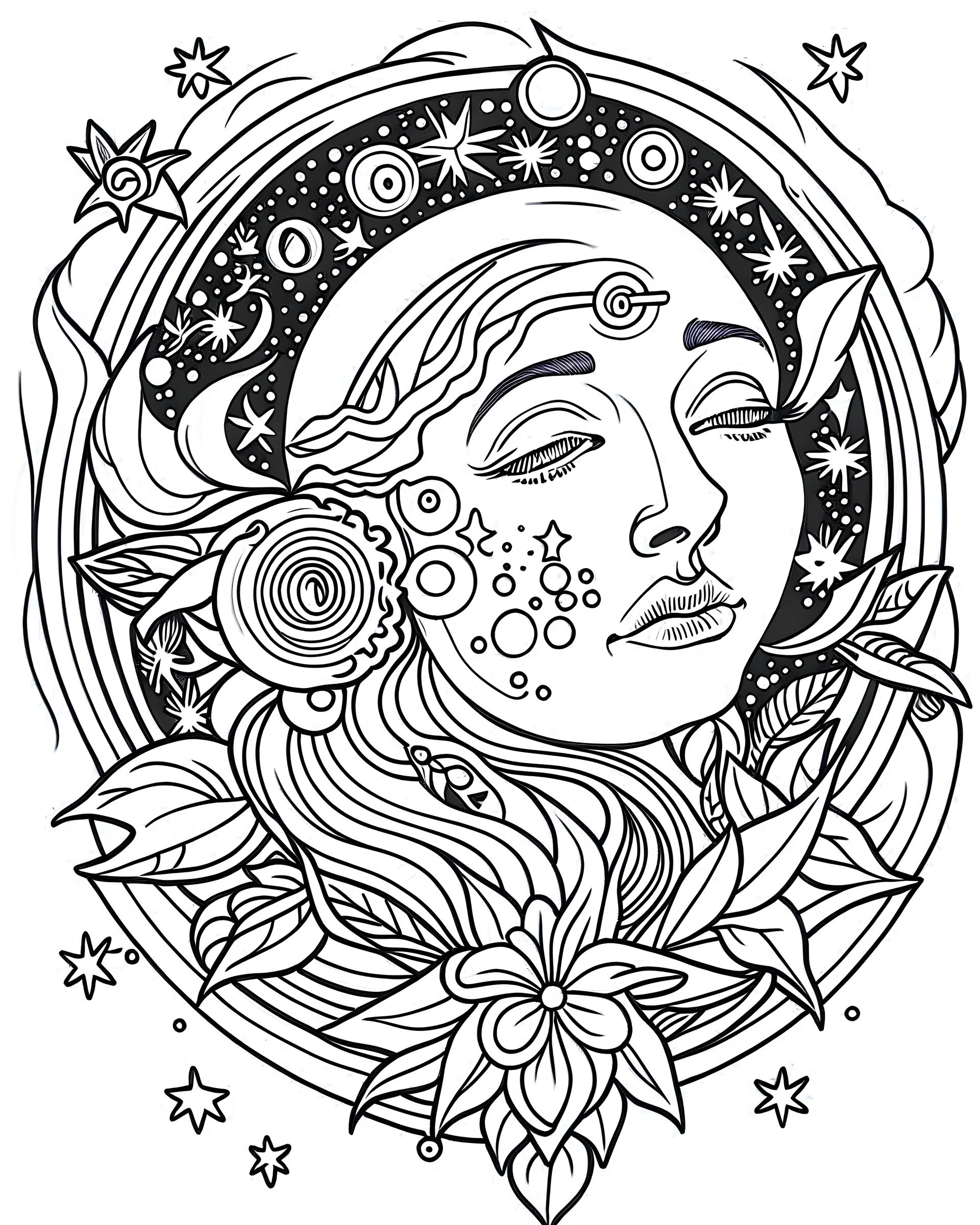 outline art for stoners coloring pages with A very simple and minimal design featuringA trippy cosmic journey through space, with planets and stars morphing into cannabis leaves, white background, sketch style, fully body, only use outline, mandala style, clean line art, white background, no shadows and clear and well outlined