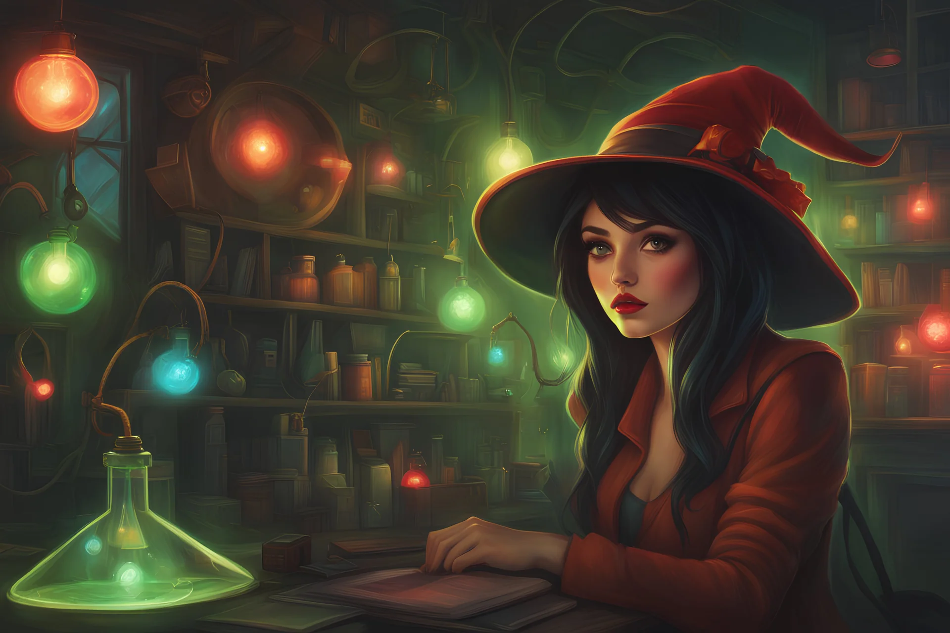 by Lois_van_Baarle_and_Miranda_Meeks :: portrait_of_a_cute_aetherpunk_witch_with_floppy_hat_played_by_Lucy_Hale_inside_magical_science_lab, green_glowing_aura :: low_light :: red yellow bioluminescent_props