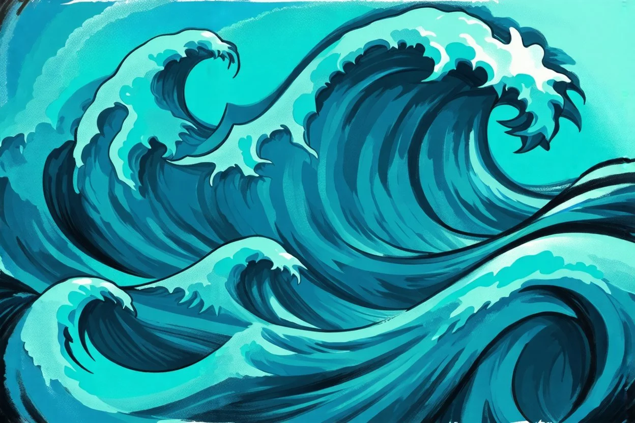 a background of a fun stylized waves with smooth black linework, blue teal tones, surf culture, parody of "the great wave", kawaii cute