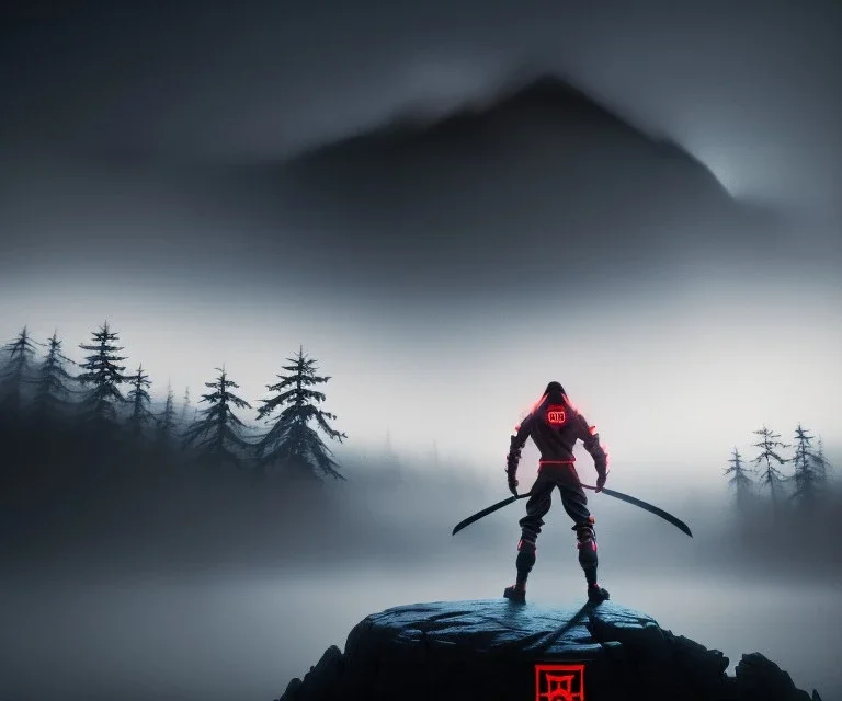 fog as Ninja portrait, black suit, in the night Alps, angels background, volumetric red light, high detail, dark leaf tree, dark mountains in background, perfect, HR Giger style, holding a sword, fighting, cinematic, painting