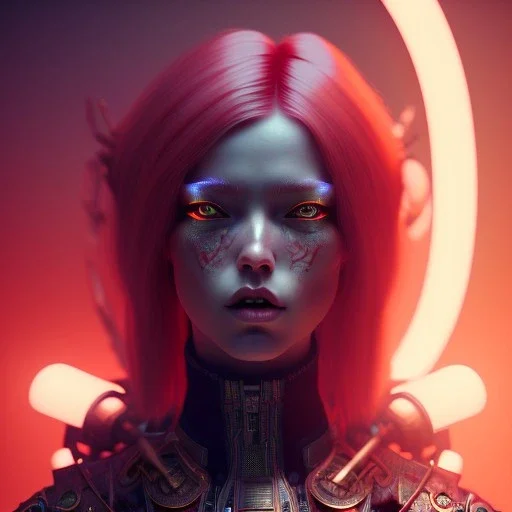 Nordic Woman, red punk hair, samurai, cyberpunk, neon, highly detailed, art stations, concept art, smooth, unreal engine 5, god rays, ray tracing, RTX, lumen lighting, ultra detail, volumetric lighting, 3d, finely drawn, high definition, high resolution, gradient background