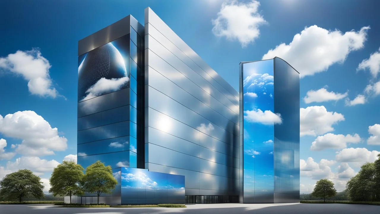 photorealistic high-tech building with futuristic and modern feel, metalic walls, holographic displays, unique technology floats in sky between big clouds, high textures, blue sky, sunshine, Professional photography, bokeh, natural lighting, canon lens, shot on dslr 64 megapixels sharp focus, stunnig