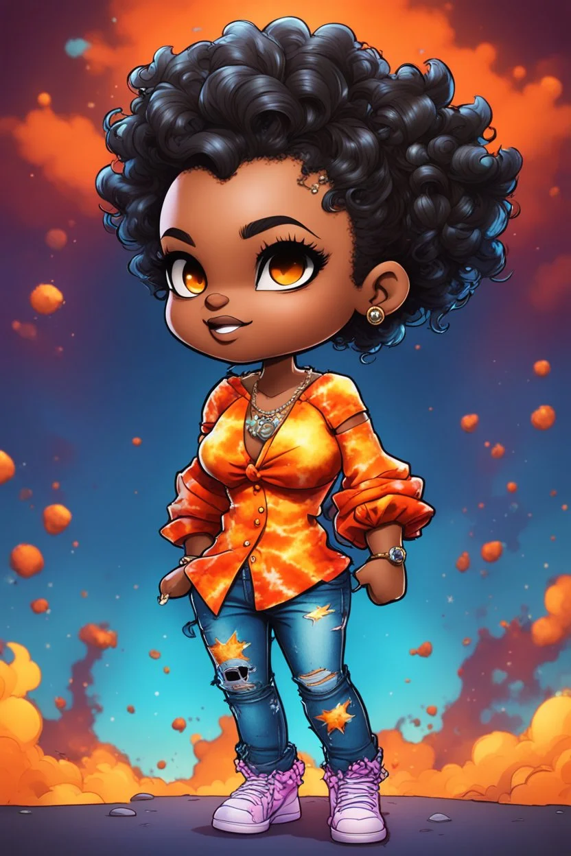 vibrant psychedelic comic book image, airbrush, 8k, cartoon art of a chibi curvy black female wearing torn jeans pants and a orange tie dye off the shoulder blouse. Prominent make up with lush lashes. Highly detailed sleek wavy ponytail