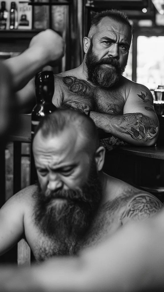 portrait photography, beers on tables at pub, with many 53 years old stocky chubby burly bearded bikers sleeping shirtless, High quality realistic photo, 35mm lens, photorealistic, top light, view from the ground, ambient occlusion